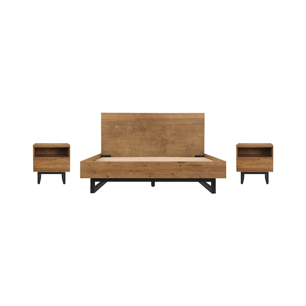 Armen Living Aldo Queen Size 3 Piece Platform Bed Frame Bedroom Set in Brown Oak Wood and Black Metal SETAOBDBRQN3A - main
